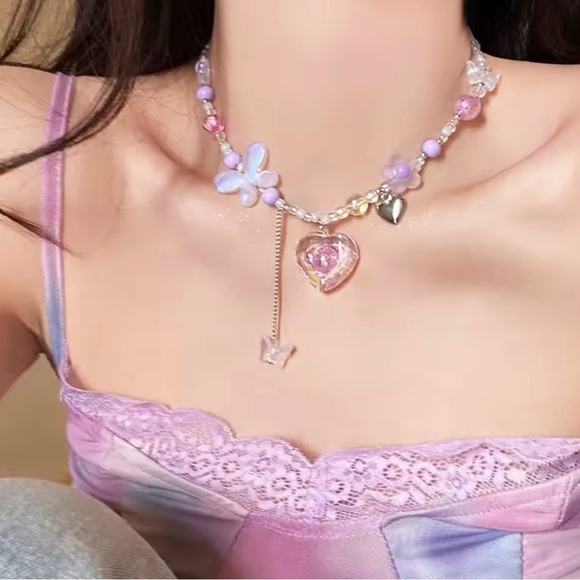 Heart Butterfly Beaded Necklace - Picture 1 of 4